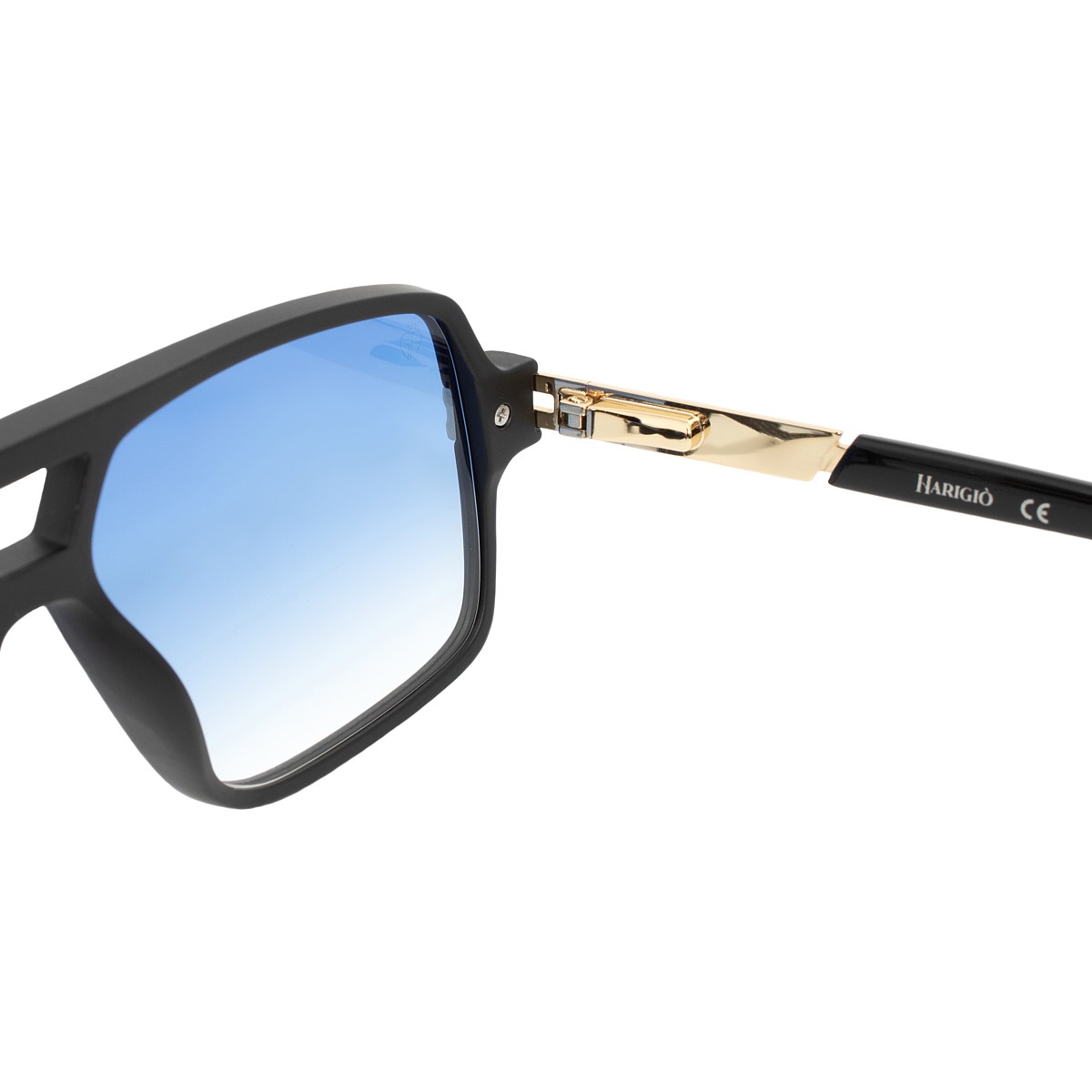 Occhiali da sole uomo montatura nera con oro, filtri azzurri sfumati