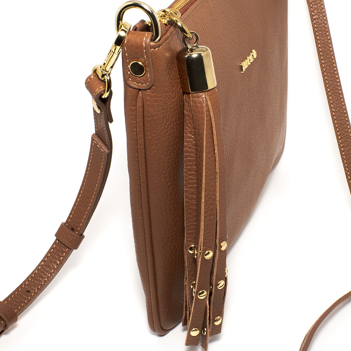 Borsa da donna piatta in vera pelle colore cuoio, tracolla removibile