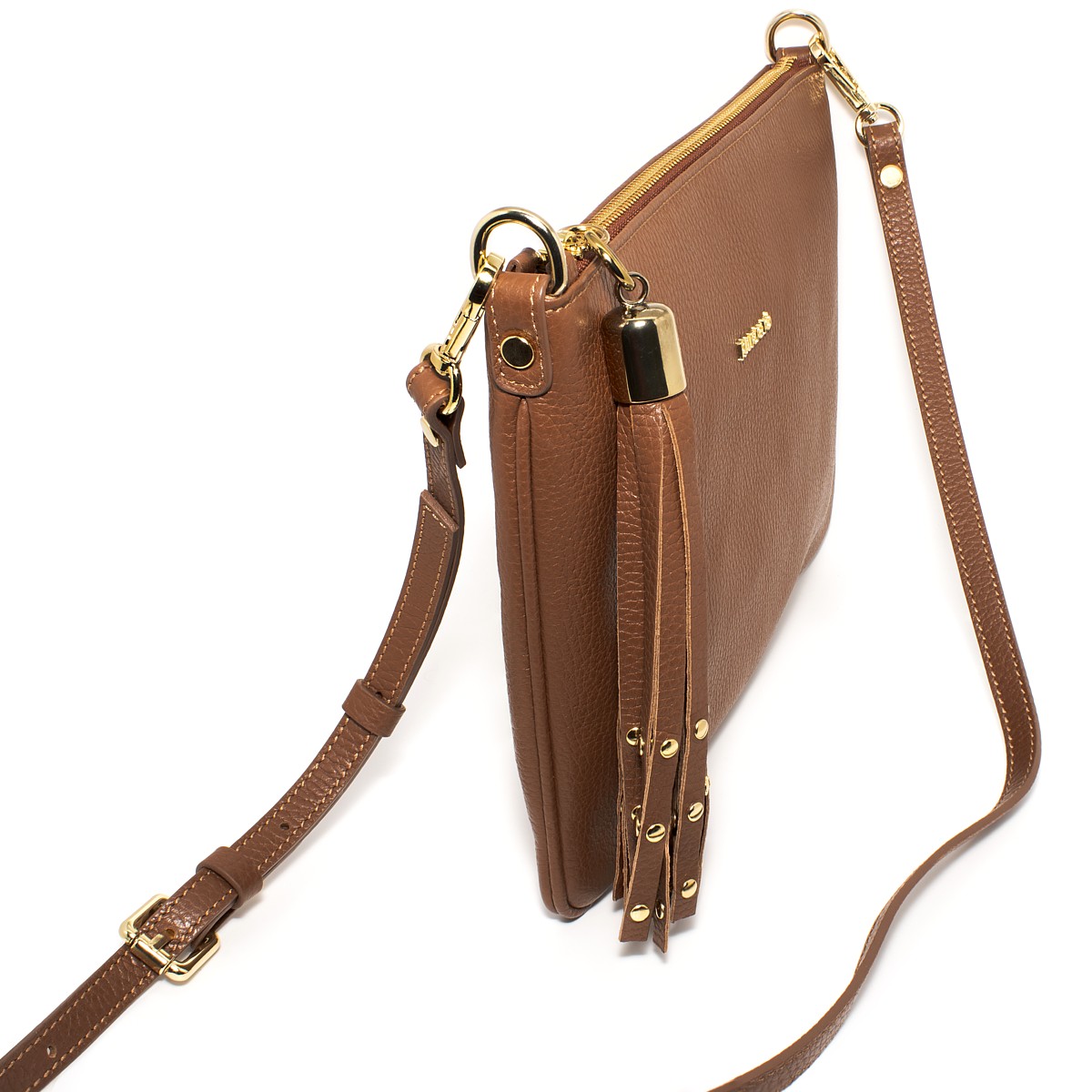 Borsa da donna piatta in vera pelle colore cuoio, tracolla removibile