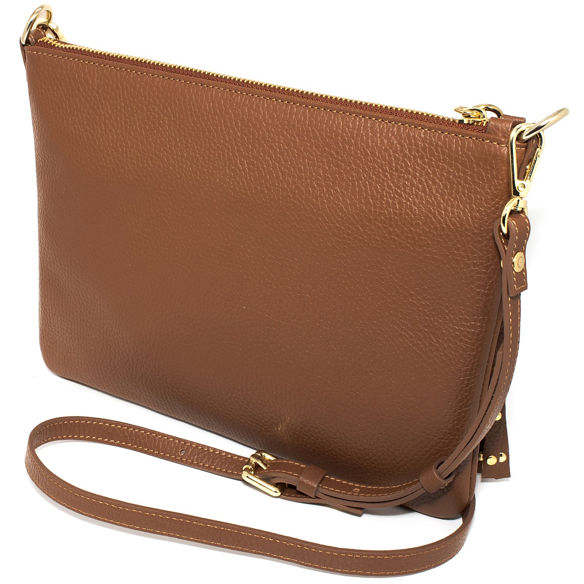 Borsa da donna piatta in vera pelle colore cuoio, tracolla removibile