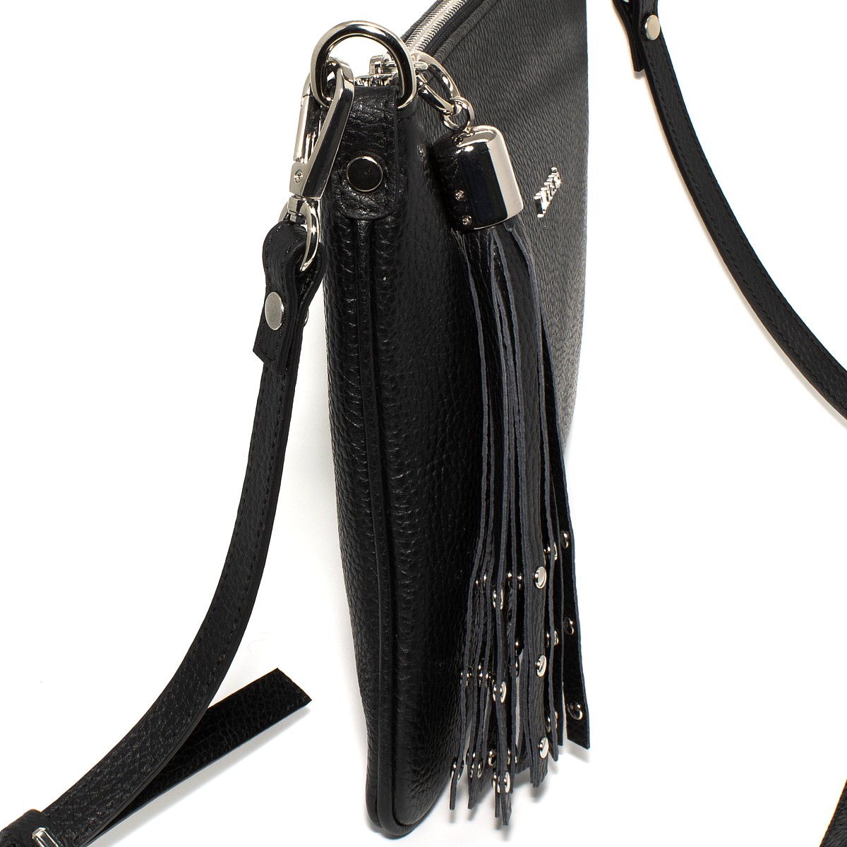 Borsa piatta nera in vera pelle da donna, tracolla removibile