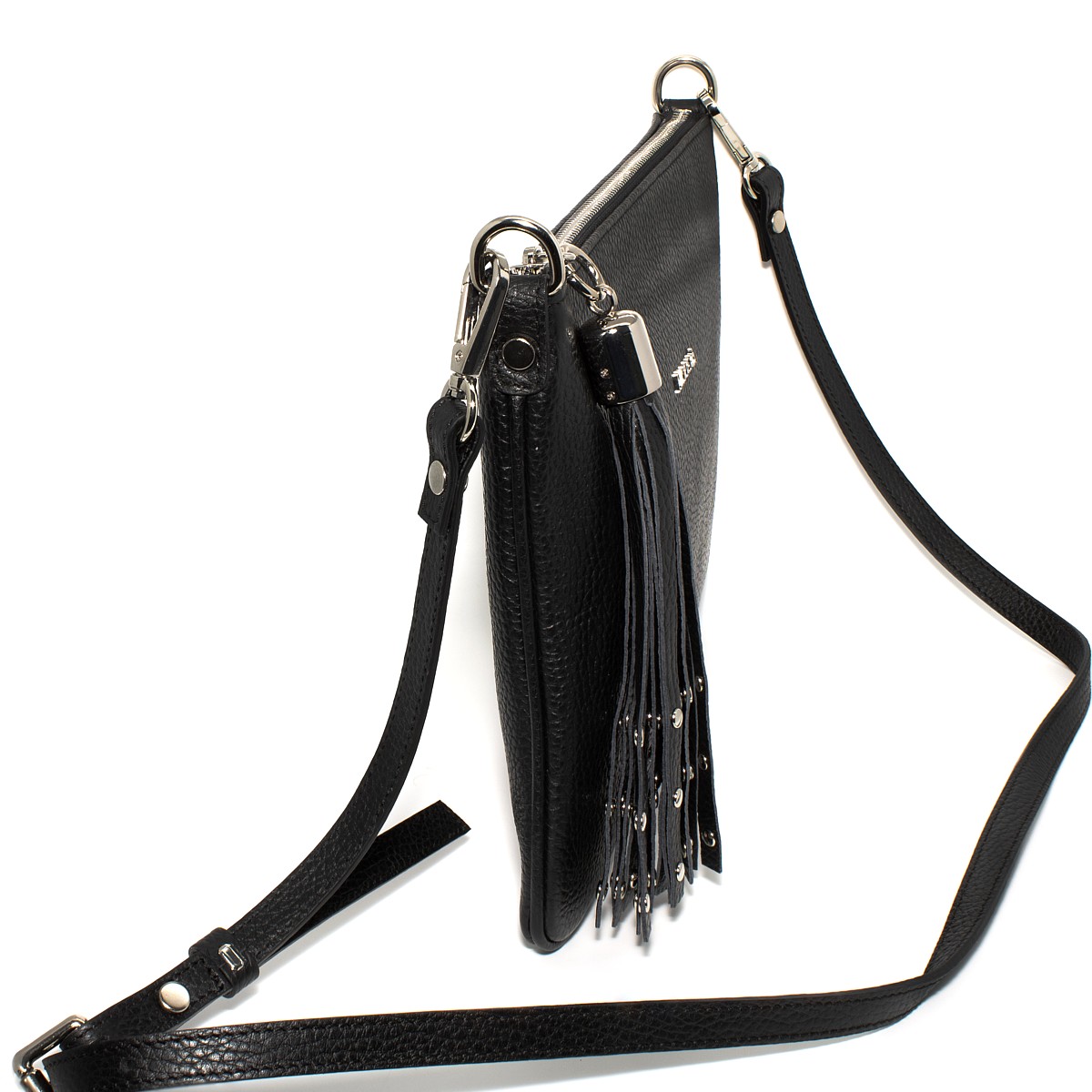 Borsa piatta nera in vera pelle da donna, tracolla removibile