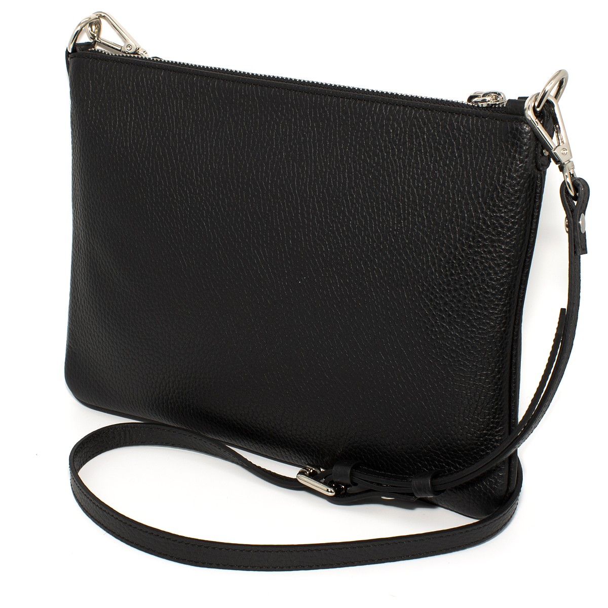 Borsa piatta nera in vera pelle da donna, tracolla removibile