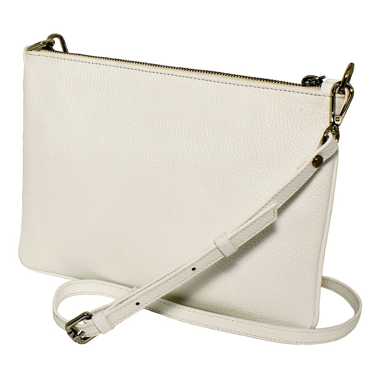 Borsa in vera pelle piatta colore bianca da donna, tracolla removibile