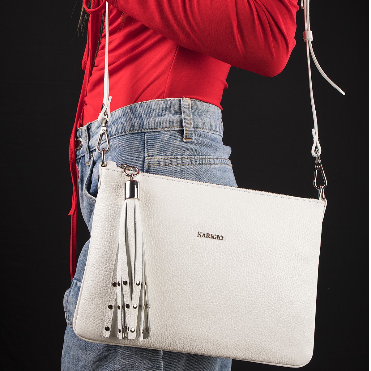 Borsa in vera pelle piatta colore bianca da donna, tracolla removibile