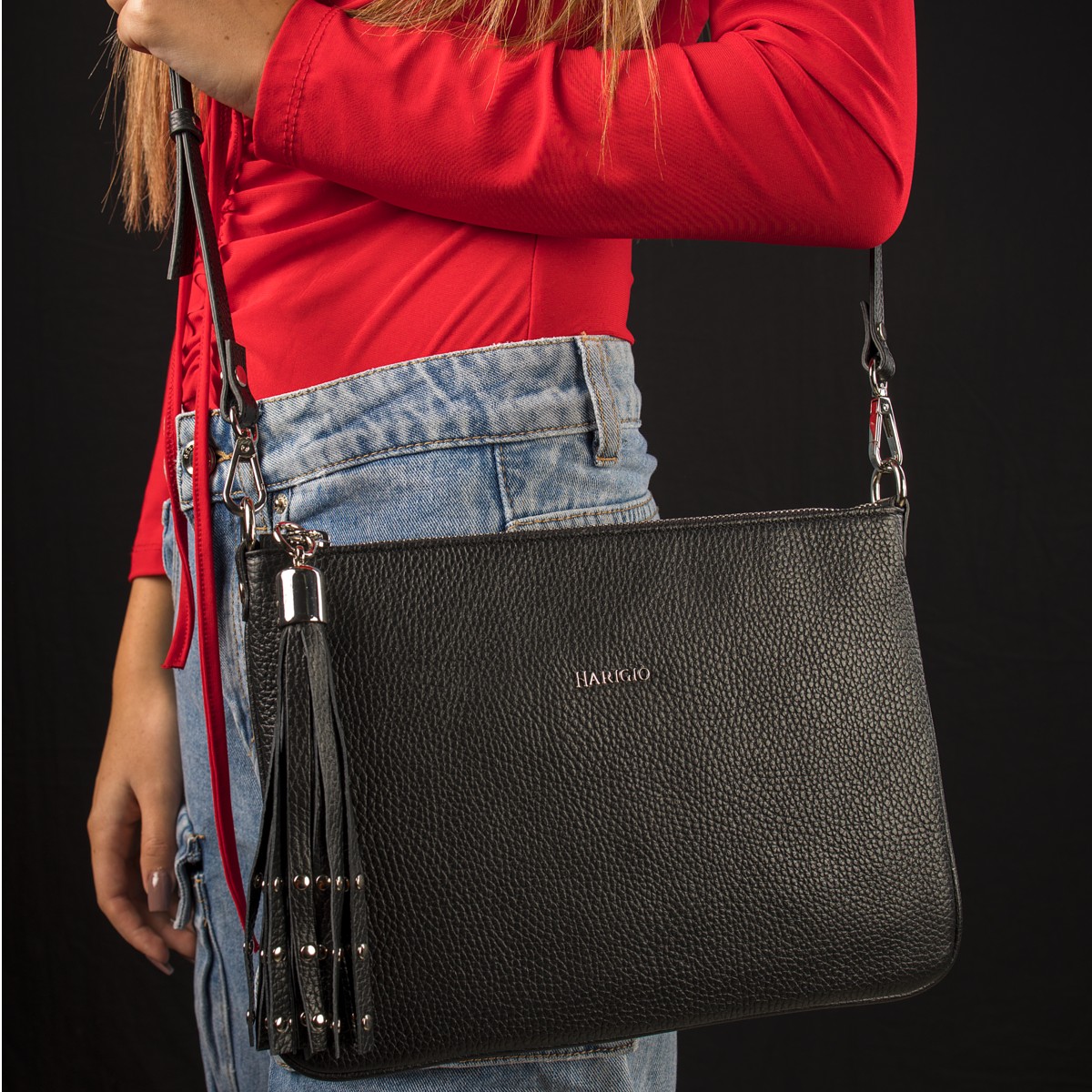 Borsa piatta nera in vera pelle da donna, tracolla removibile