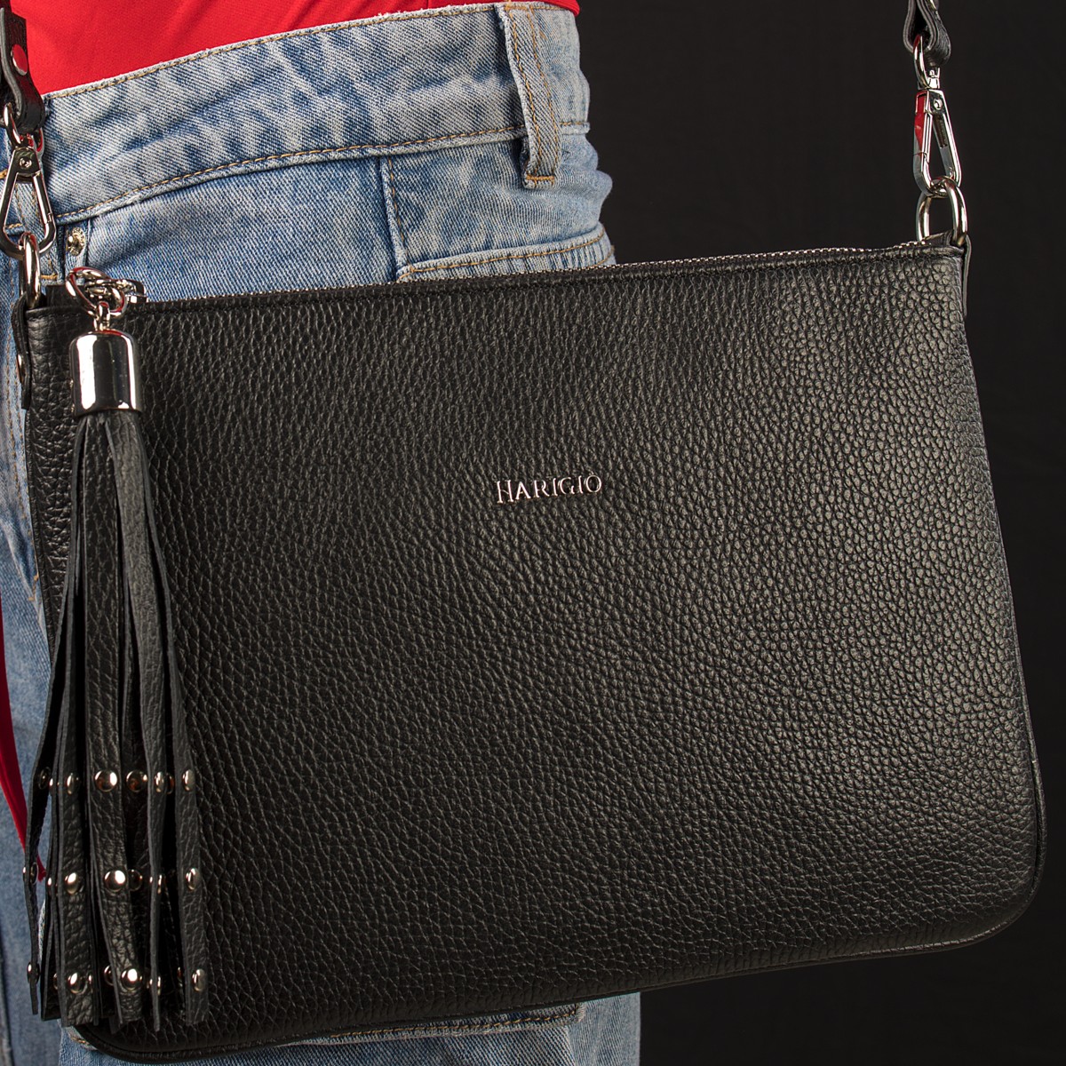 Borsa piatta nera in vera pelle da donna, tracolla removibile