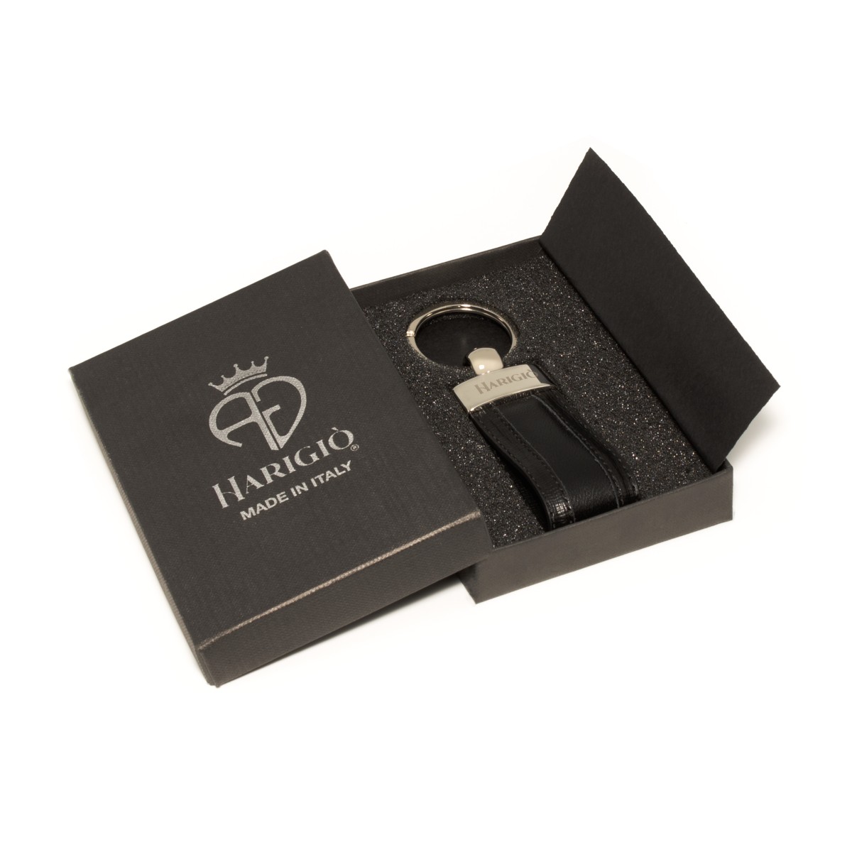 Portachiavi in vera pelle nero uomo donna con anello blisè