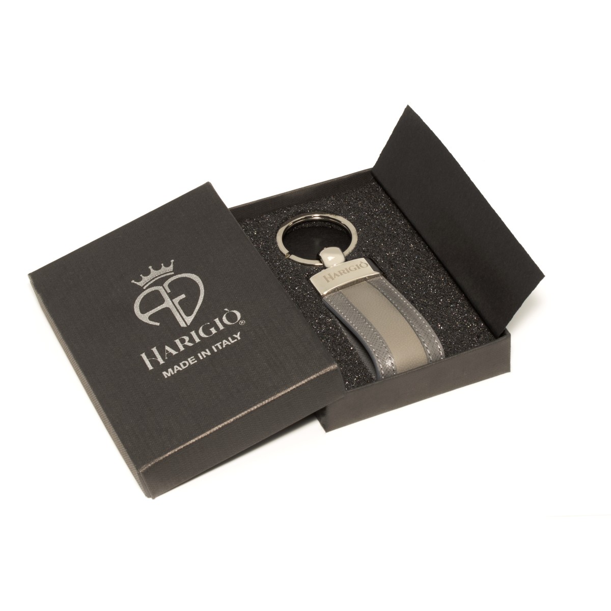 Portachiavi in pelle di colore grigio unisex con anello blisè