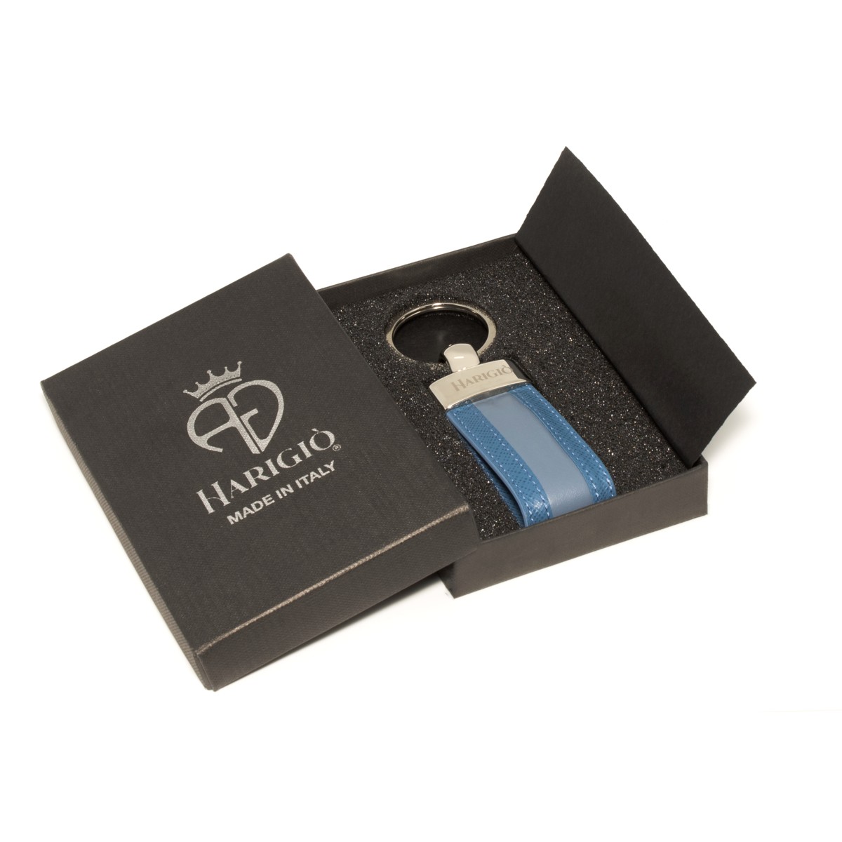 Portachiavi in vera pelle unisex con anello di colore celeste