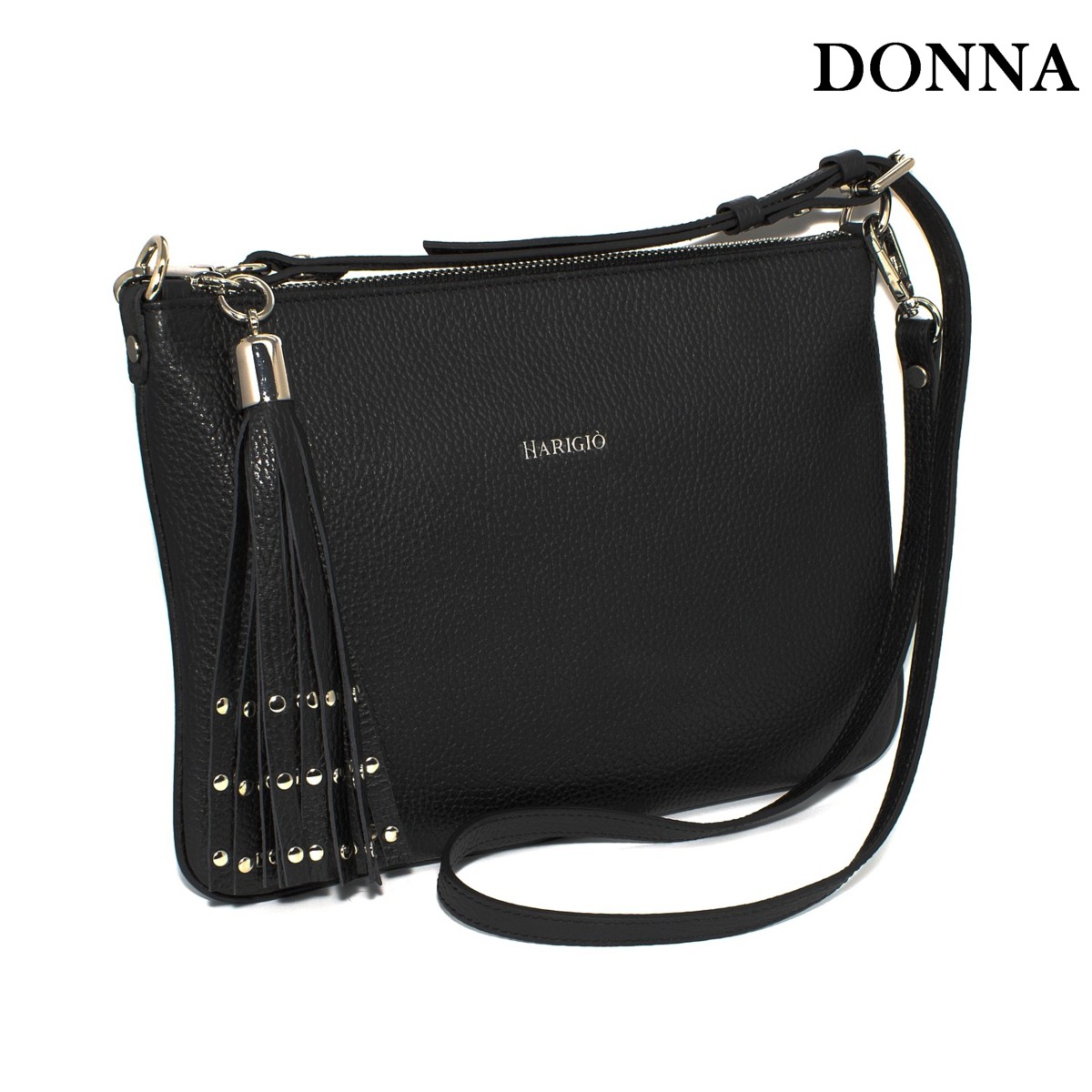 Borsa piatta nera in vera pelle da donna, tracolla removibile