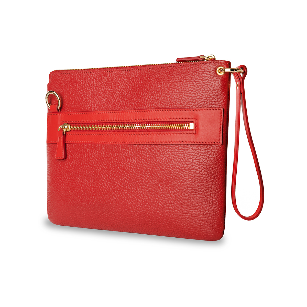 Pochette in vera pelle da donna rossa, con tracolla e manico a mano