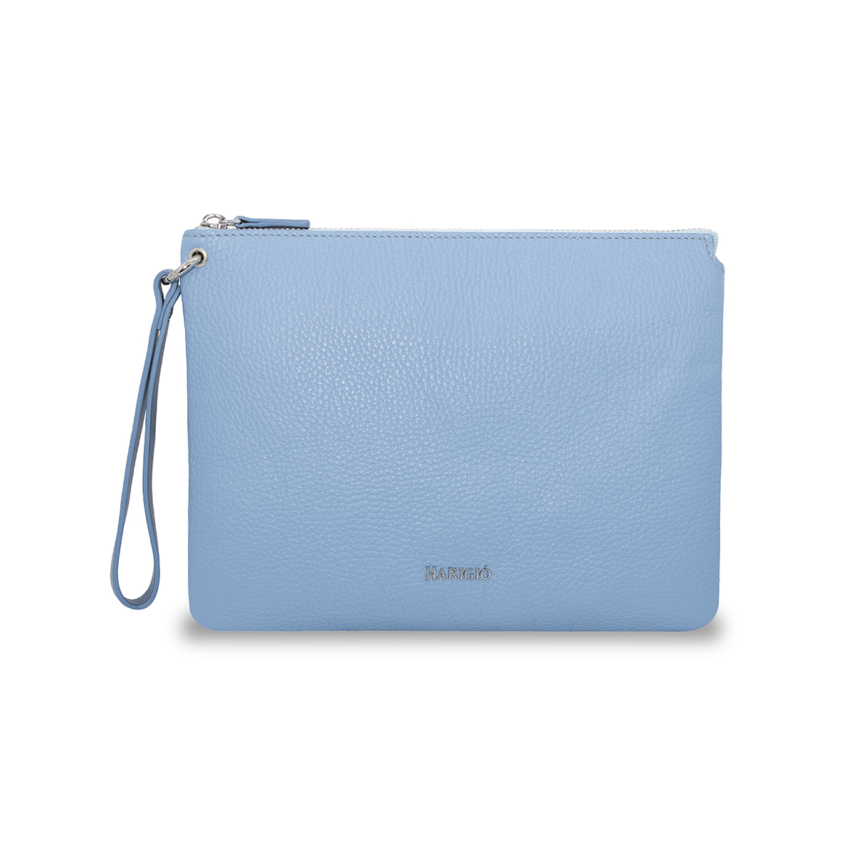 Pochette da donna in vera pelle celeste, manico da polso e tracolla