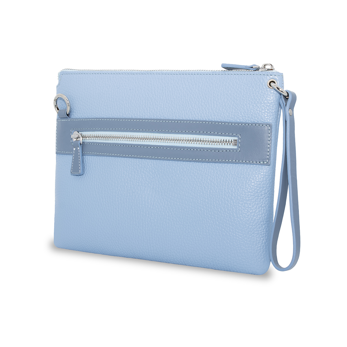 Pochette da donna in vera pelle celeste, manico da polso e tracolla