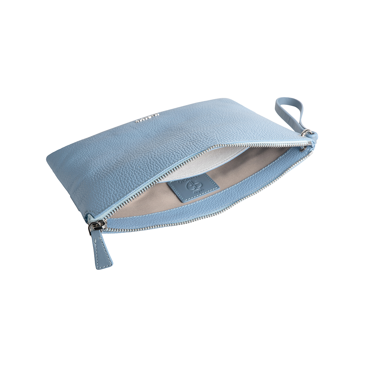 Pochette da donna in vera pelle celeste, manico da polso e tracolla