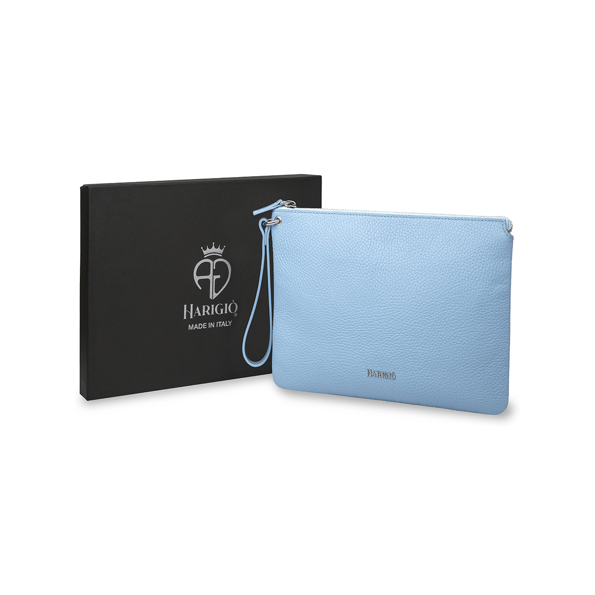 Pochette da donna in vera pelle celeste, manico da polso e tracolla