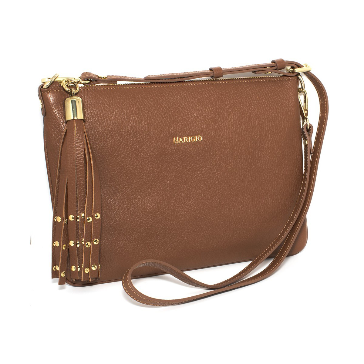 Borsa da donna piatta in vera pelle colore cuoio, tracolla removibile