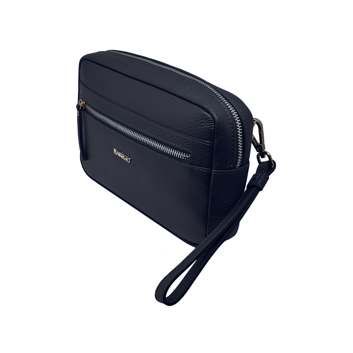 Pochette blu vera pelle da uomo, borsello da polso manico removibile