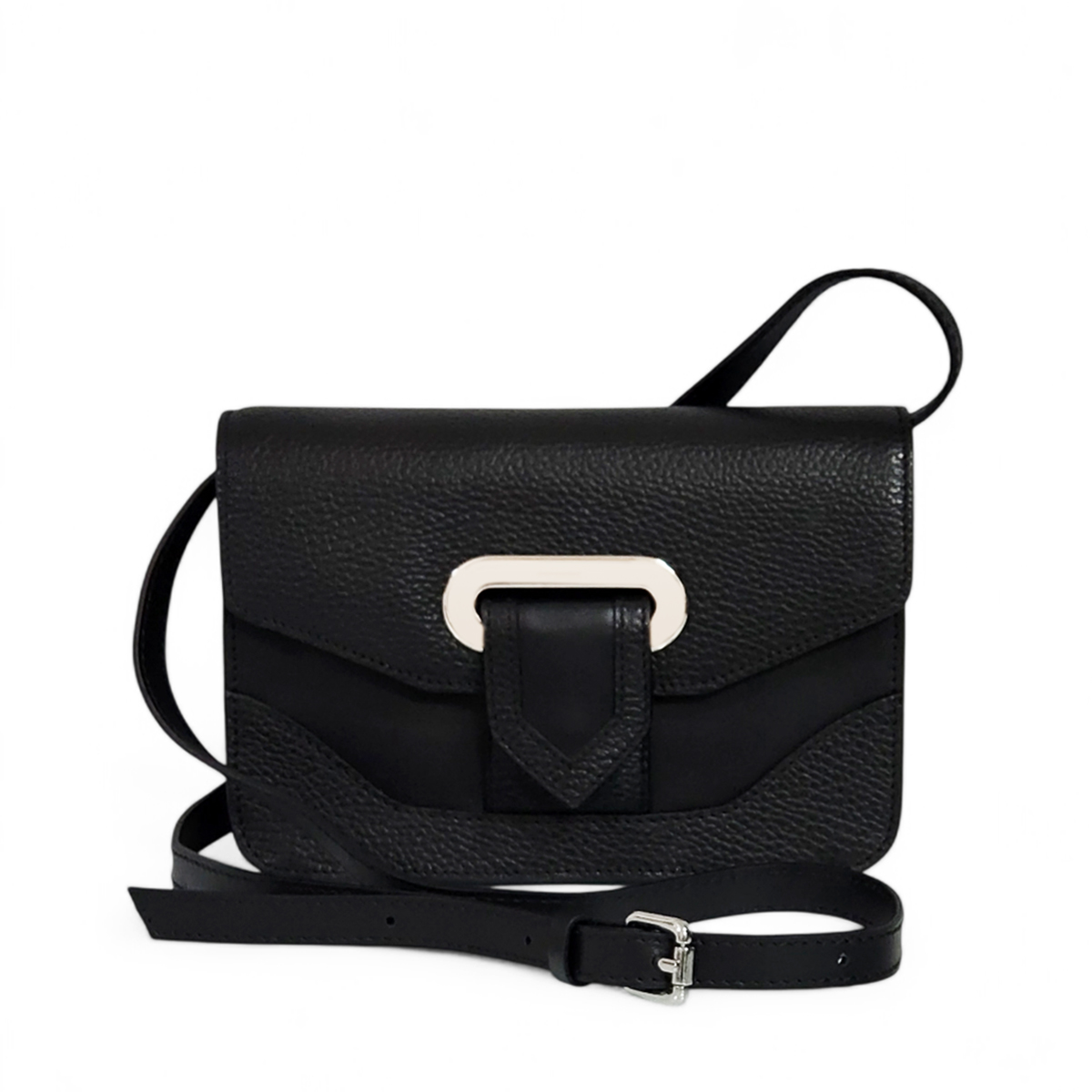 Borsa in vera pelle nera da donna, con tracolla lunga regolabile